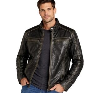 BKE Moto Jacket Mens Large Brown Athletic Fit Distressed Faux Leather Full Zip L